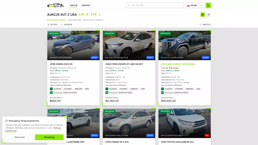Import, sprowadzenia aut z USA | BidSpot - zrzut ekranu
